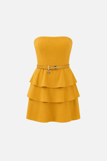 Abito bustier con cintura e gonna a balze